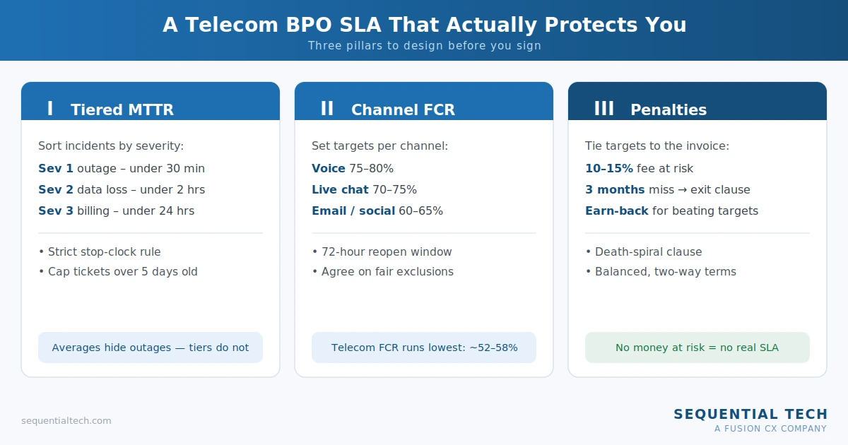 Telecom BPO SLA three pillars showing MTTR FCR and penalties