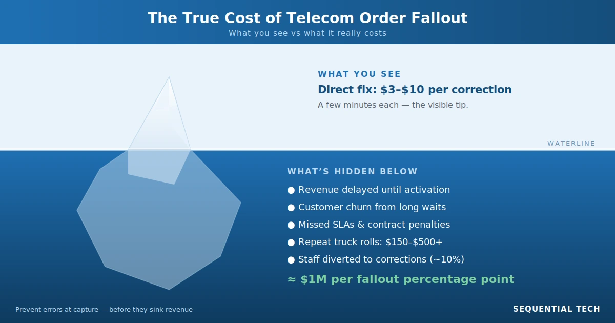 Iceberg infographic showing the hidden costs of telecom order fallout