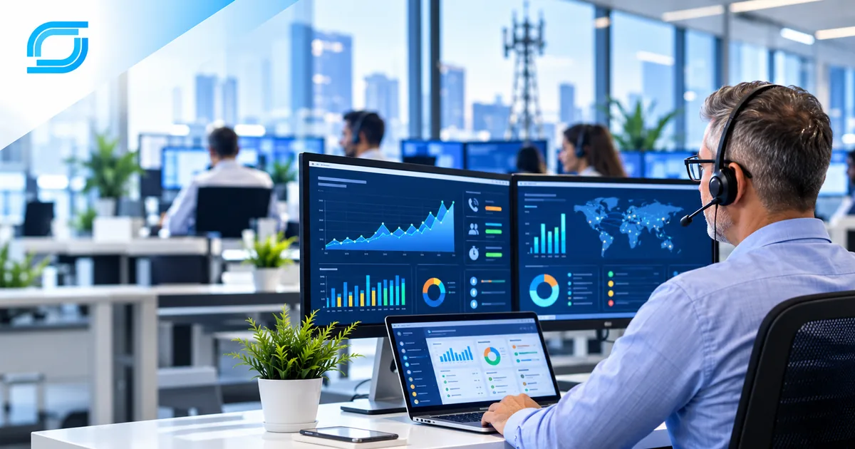 Telecom contact center professional monitoring call volume and operational performance dashboards.