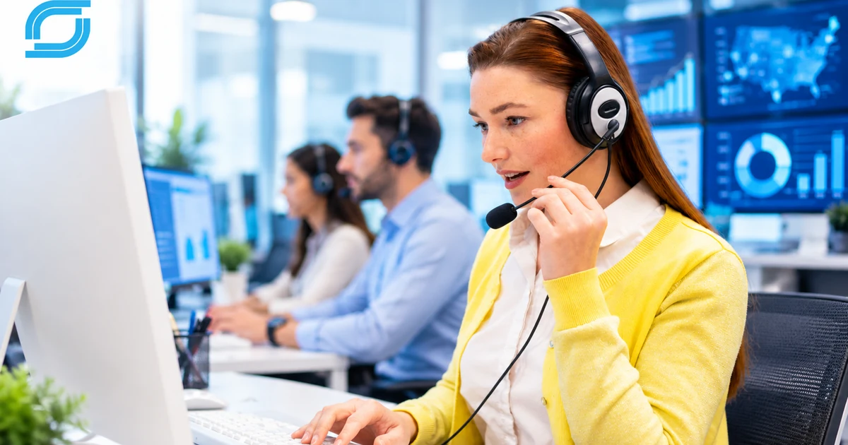 Telecom call center agent wearing a headset with campaign analytics displayed on background screens