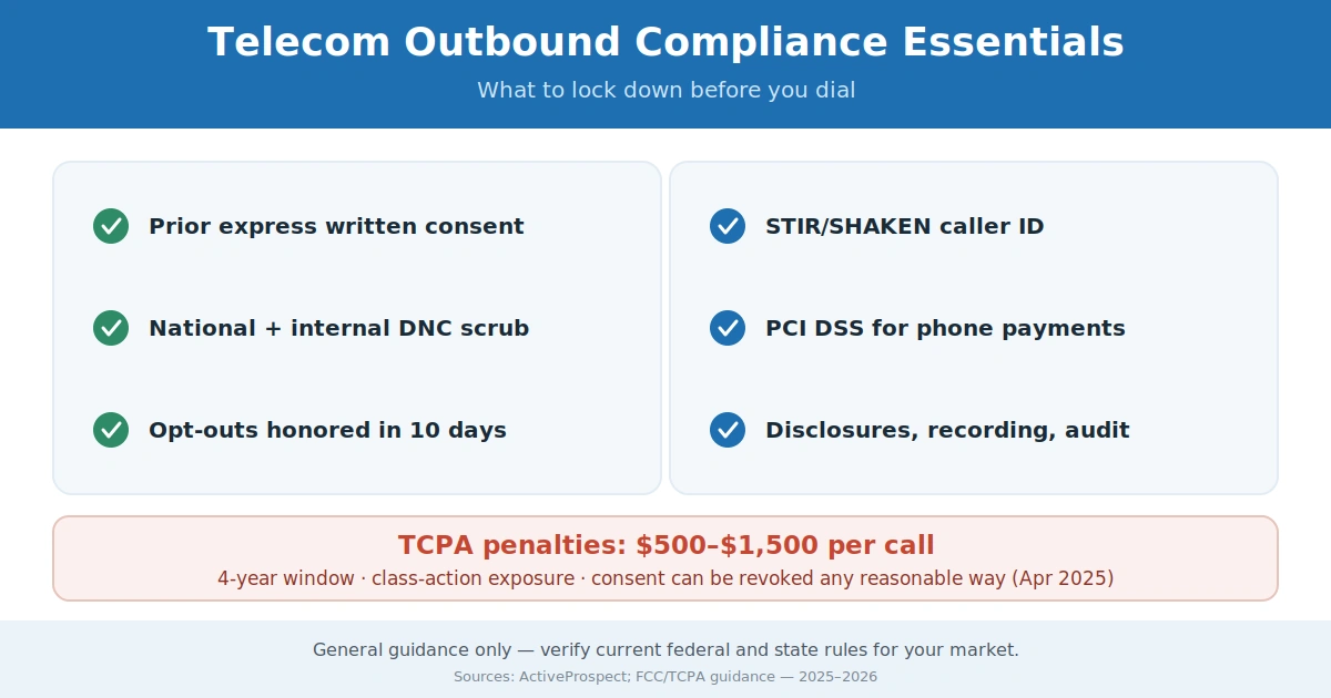 Telecom outbound compliance checklist covering written consent, Do Not Call scrubbing, STIR/SHAKEN, PCI DSS, and opt-outs