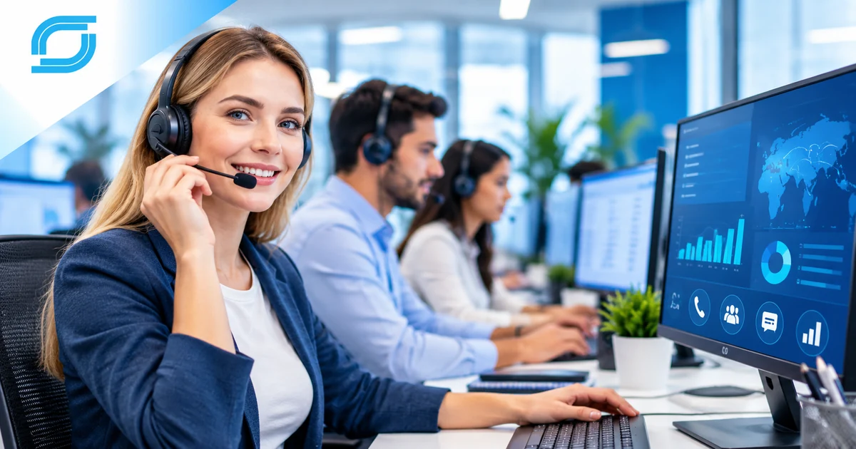 Telecom outbound sales agent wearing a headset while working with customer analytics in a modern call center.