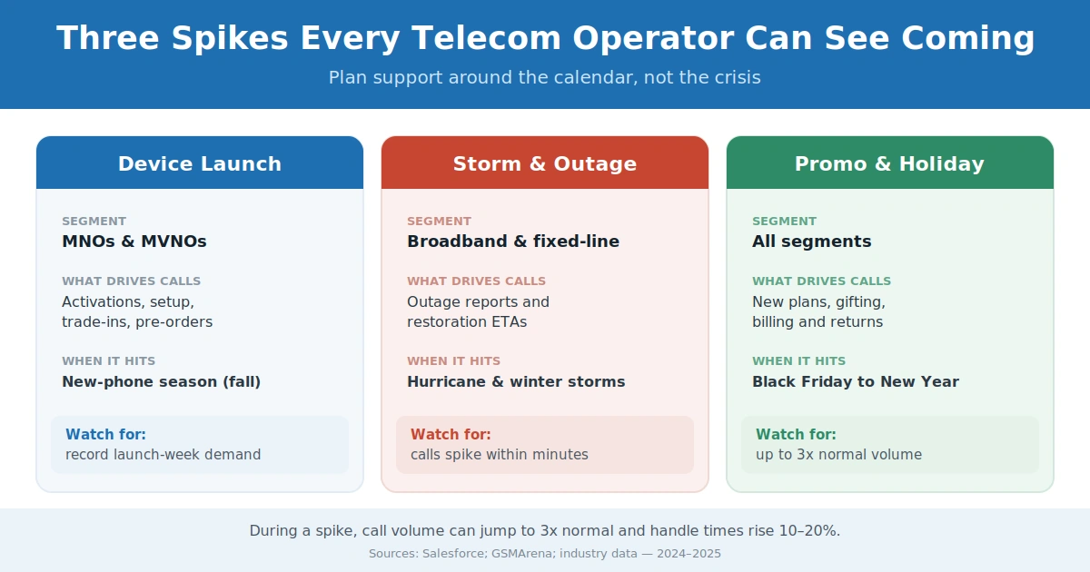 Three predictable telecom support demand spikes from device launches, storm outages, and holiday promotions.