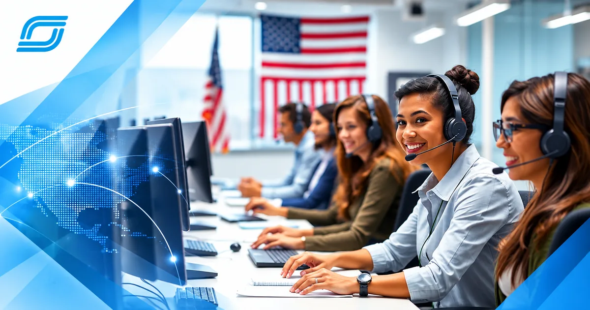 Customer service agents wearing headsets at computer workstations in a U.S. call center, with an American flag in the background.
