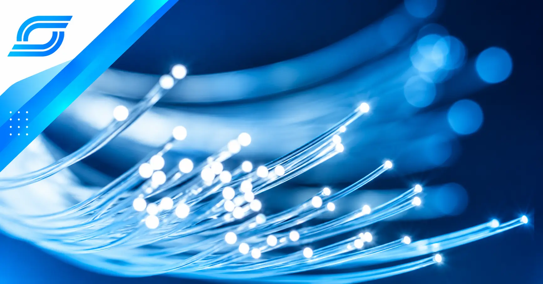Glowing blue fiber-optic cables representing high-speed broadband infrastructure in the US
