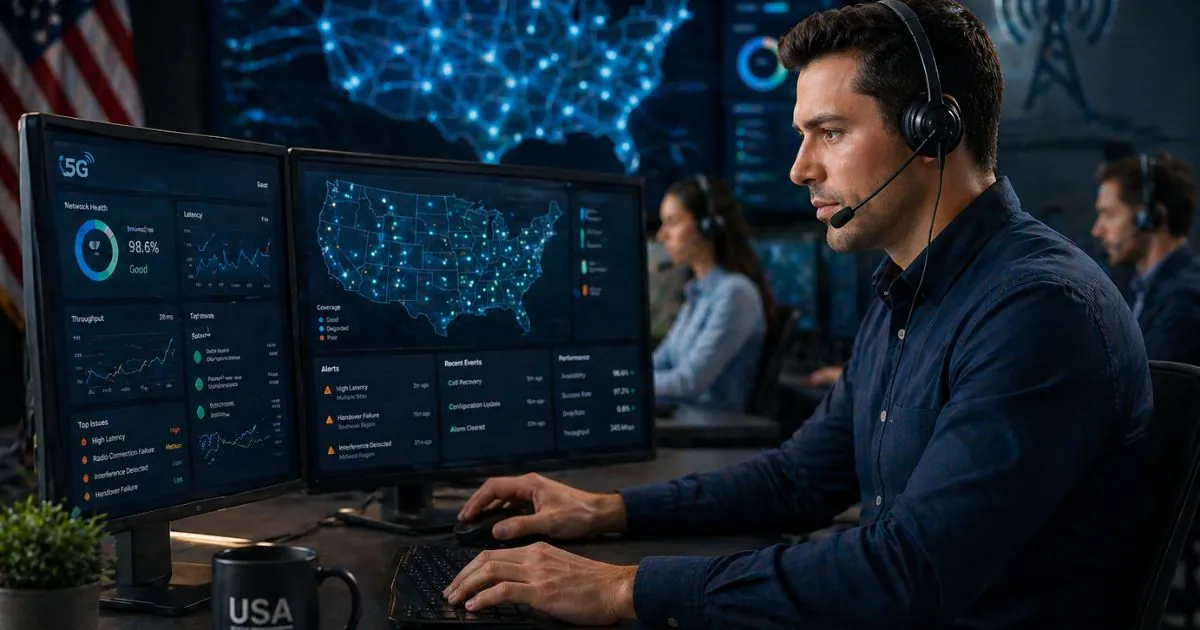 Network operations engineer monitoring 5G standalone performance dashboards and QoE metrics in a control center