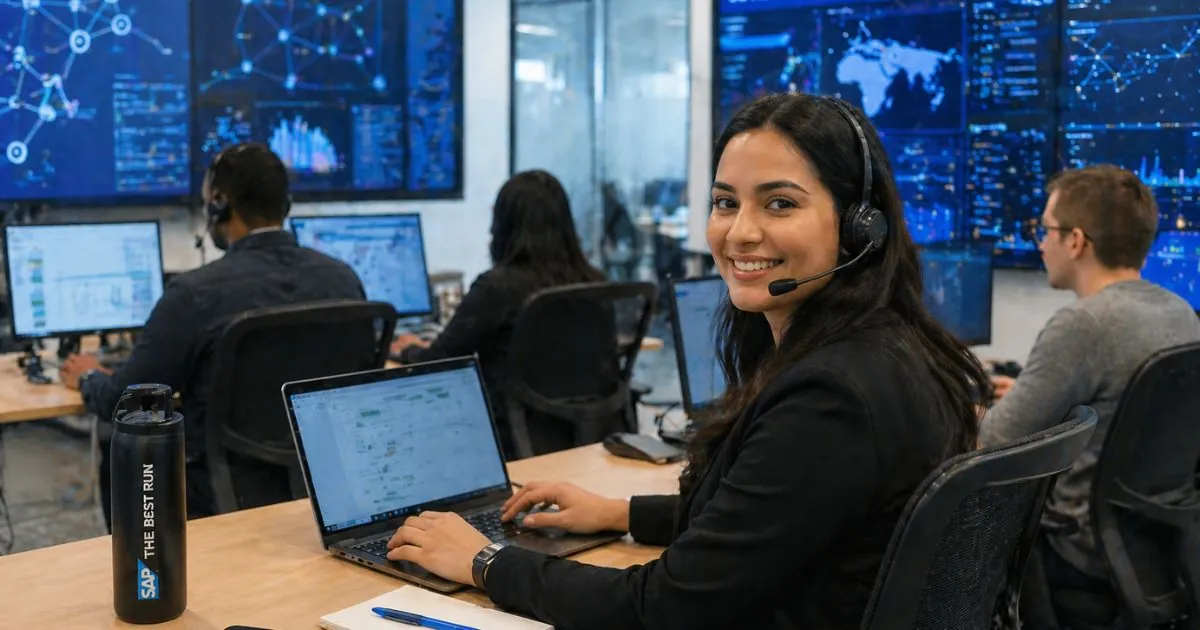 Customer support agent wearing a headset working on a laptop in a modern network operations center with colleagues and data screens in the background