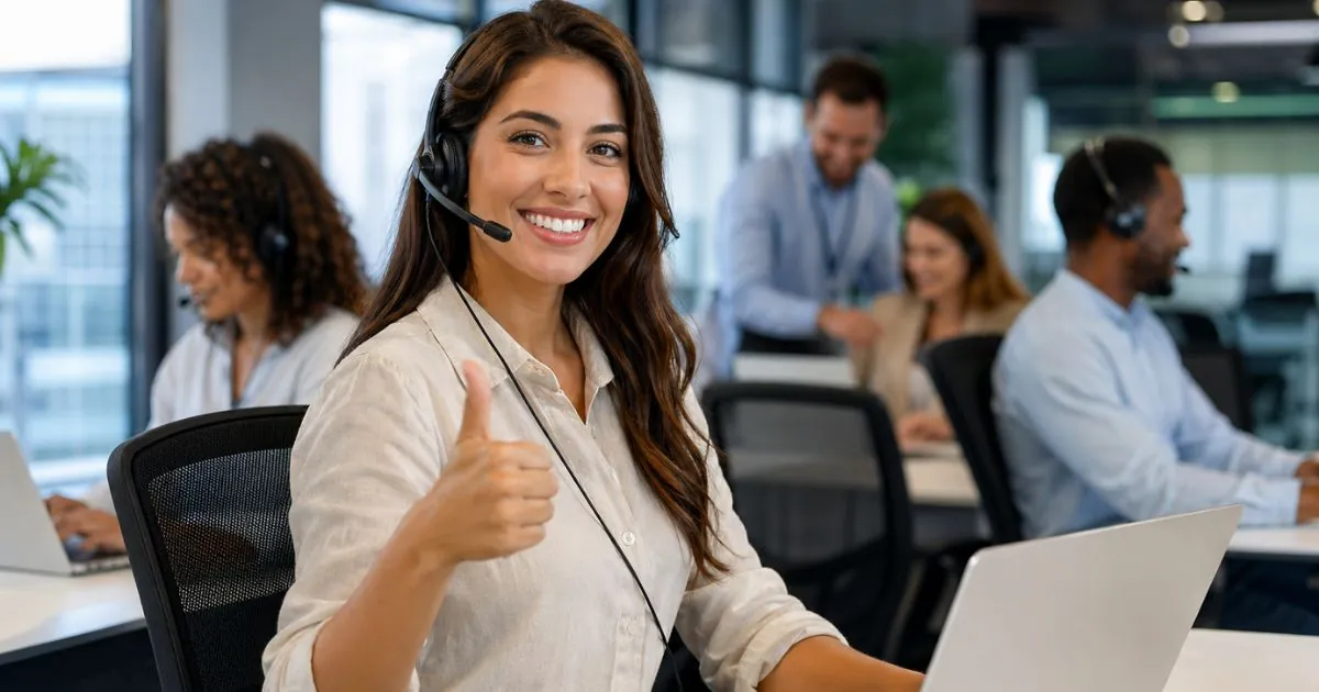 Customer support agent wearing a headset giving a thumbs up in a modern call center