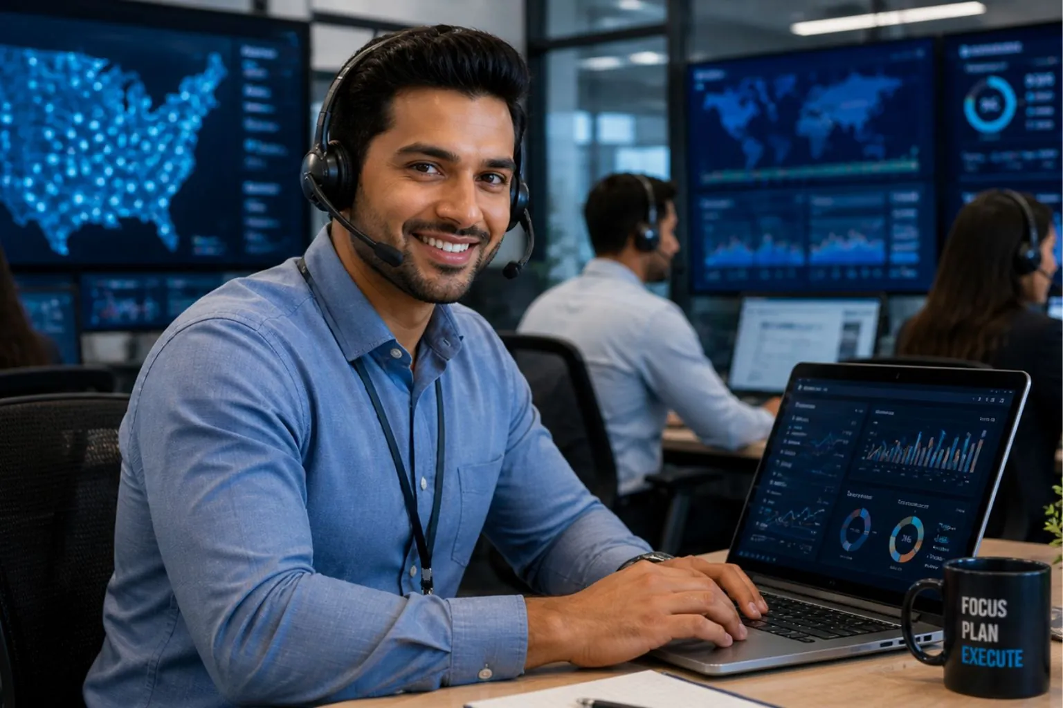 Agentic AI incident remediation agent analyzing real-time network data on laptop in a modern telecom operations center