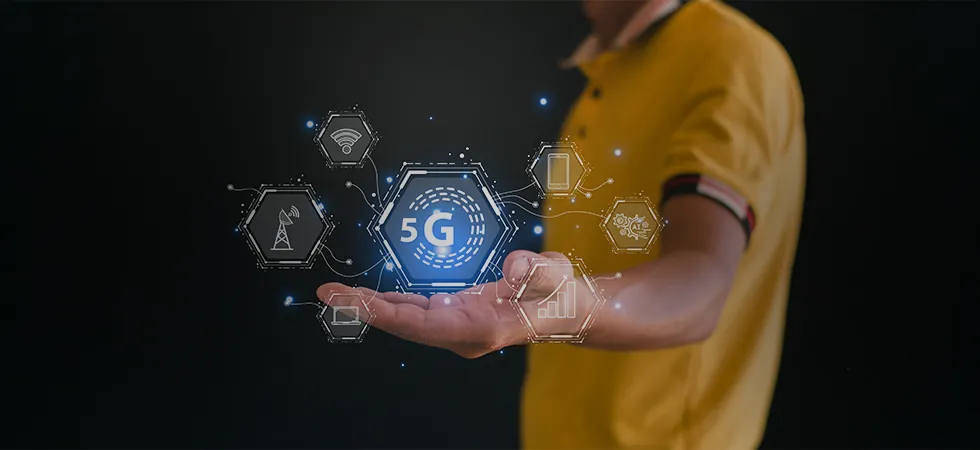 Man holding glowing 5G network interface with digital telecom icons for proactive subscriber retention
