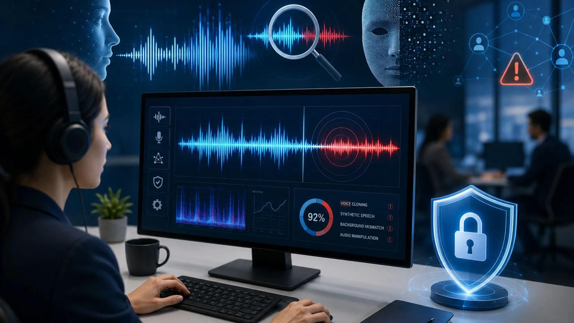 Telecom analyst using telecom deepfake audio fraud detection software to identify synthetic voice manipulation