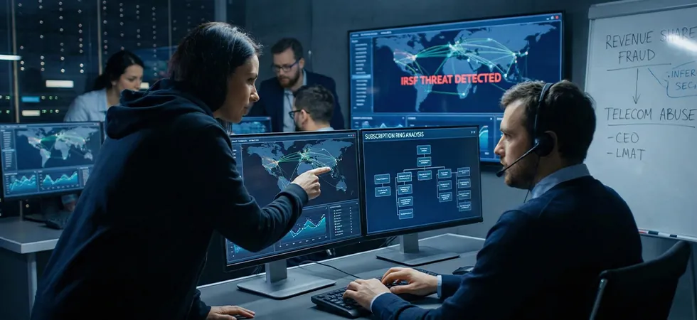 Fraud analysts monitoring international revenue share fraud detection systems in a telecom security operations center