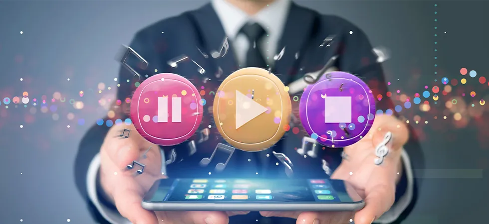 Smartphone with digital media icons illustrating OTT platform subscriber retention strategy and app engagement