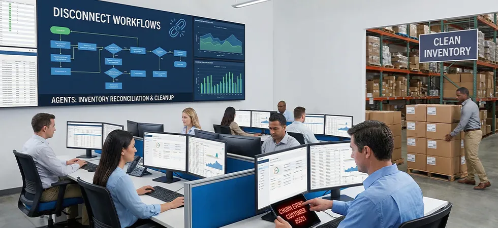 Automated telecom circuit disconnects workflow with agents reconciling inventory after churn events.