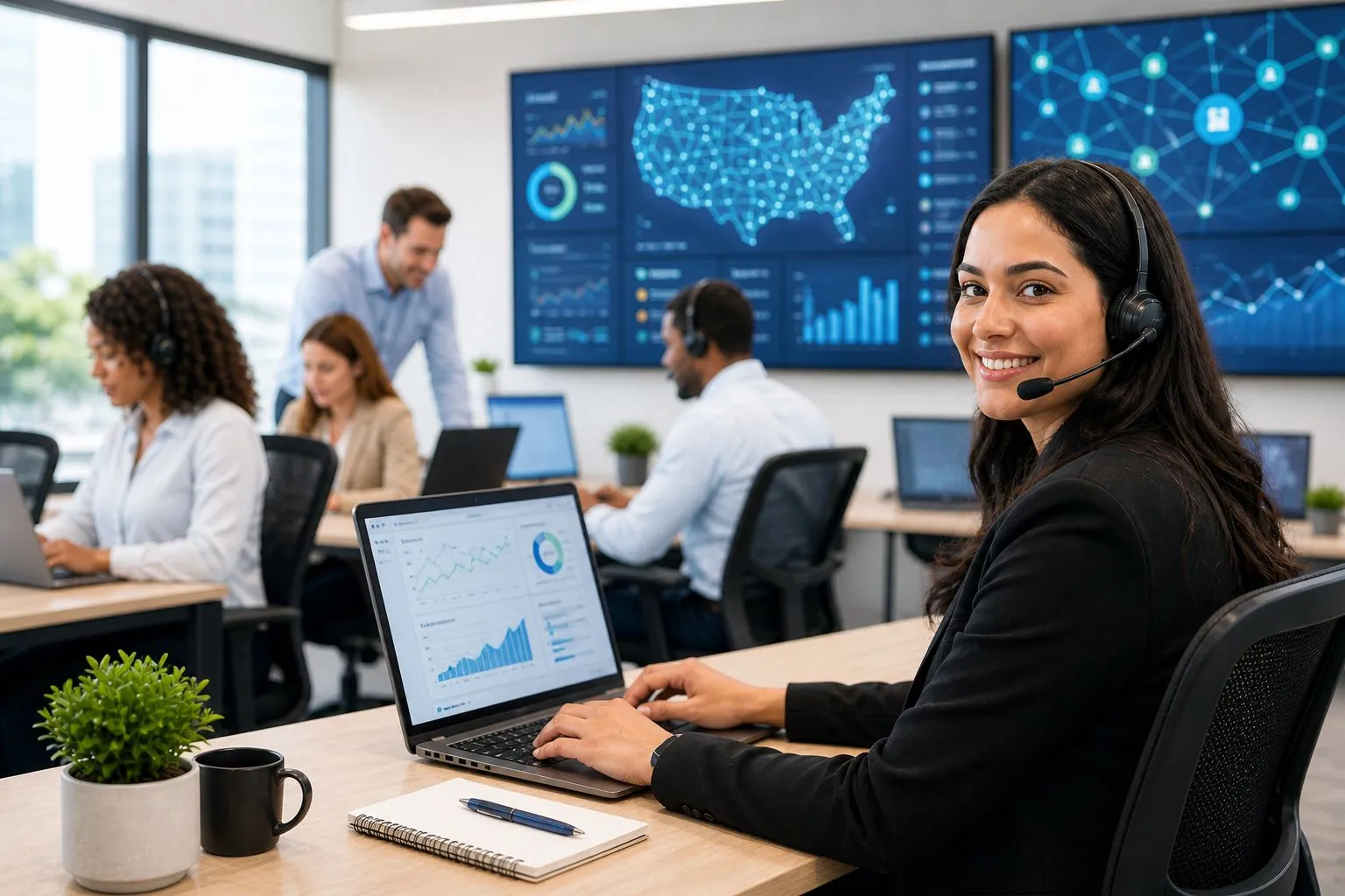 Edge-native network troubleshooting agent analyzing real-time data on laptop in a modern telecom operations center