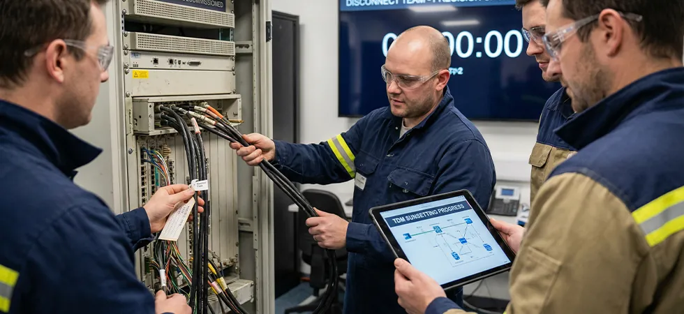 Legacy copper TDM sunset strategy team performing precision telecom network shutdown and circuit decommissioning