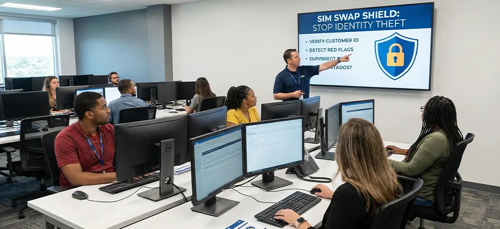 Customer service team training on SIM swap fraud prevention strategy and identity verification protocols