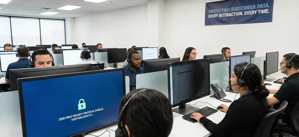 A BPO call center team working under zero-trust security to protect subscriber data during every interaction.