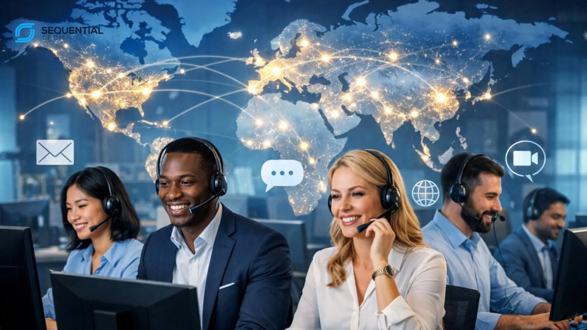 Global telecom customer support team demonstrating multi-shore outsourcing and worldwide service delivery operations.