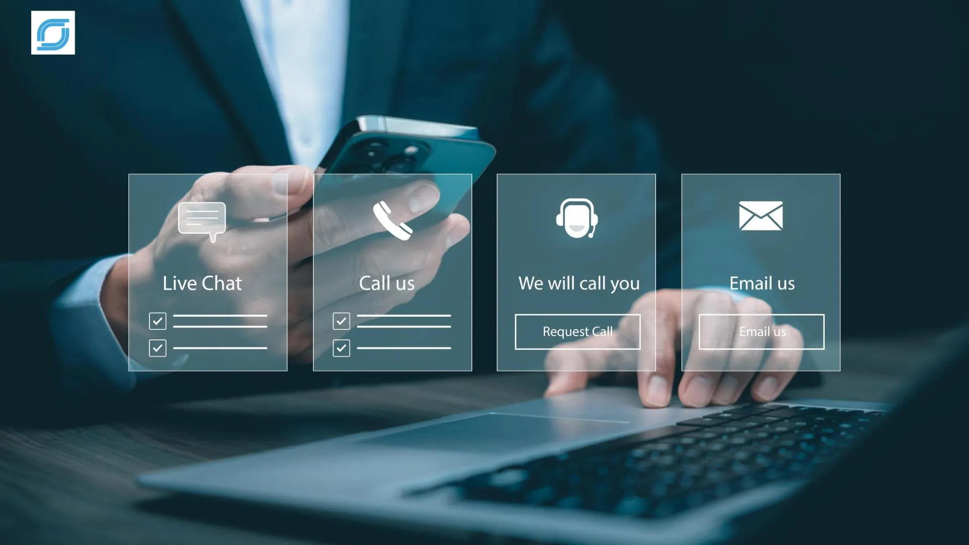 Business professional using live chat, phone, callback, and email channels as part of an omnichannel retention outsourcing strategy for telecom customers.