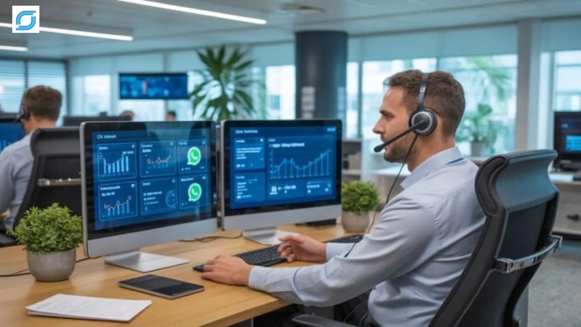 Telecom customer support agent managing omnichannel subscriber support operations from a digital contact center dashboard
