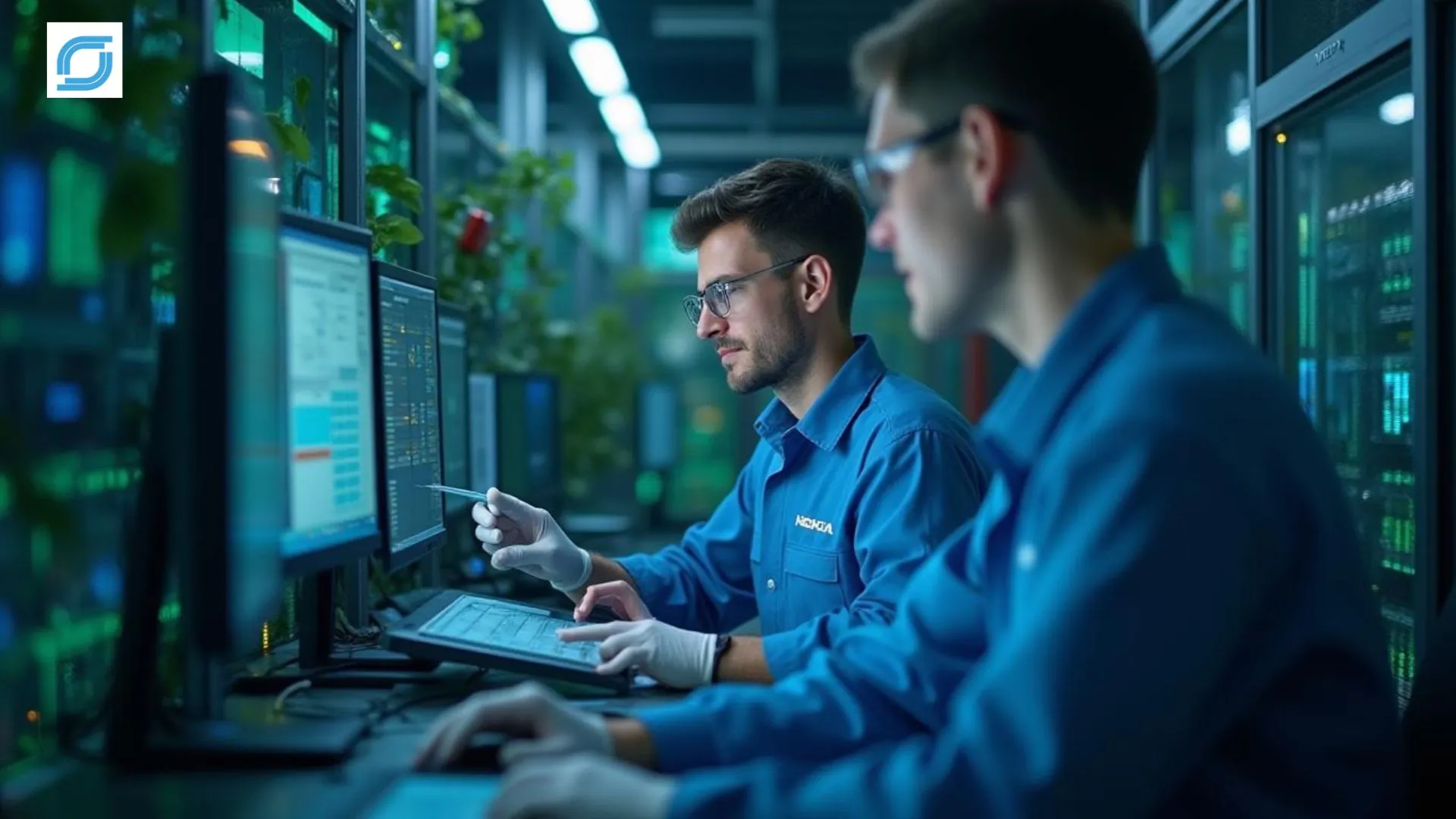 Sustainable IoT telecom outsourcing team monitoring connected devices and network performance through remote support operations.