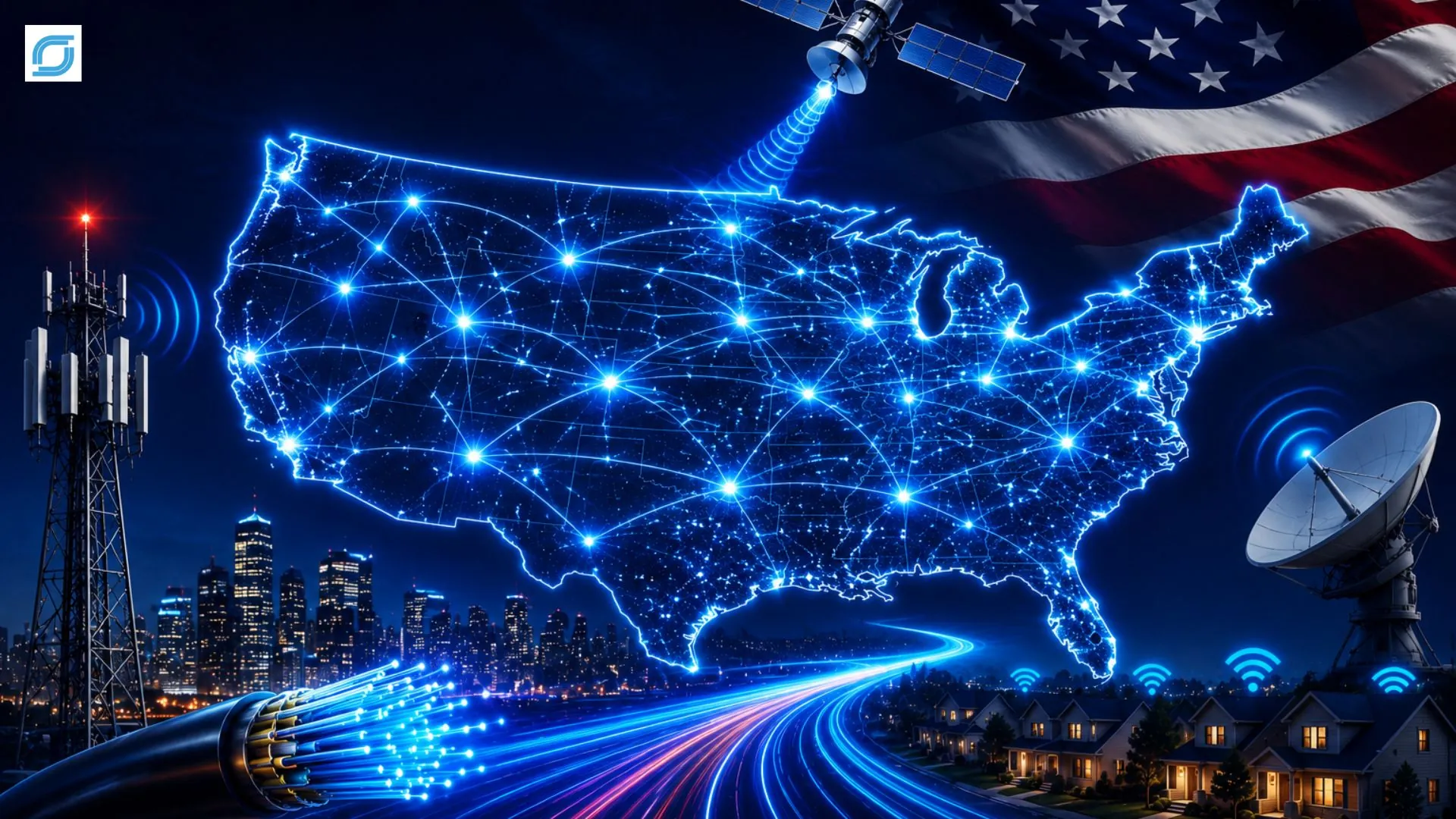 Top broadband service providers in the USA connected through fiber, 5G, and satellite broadband networks