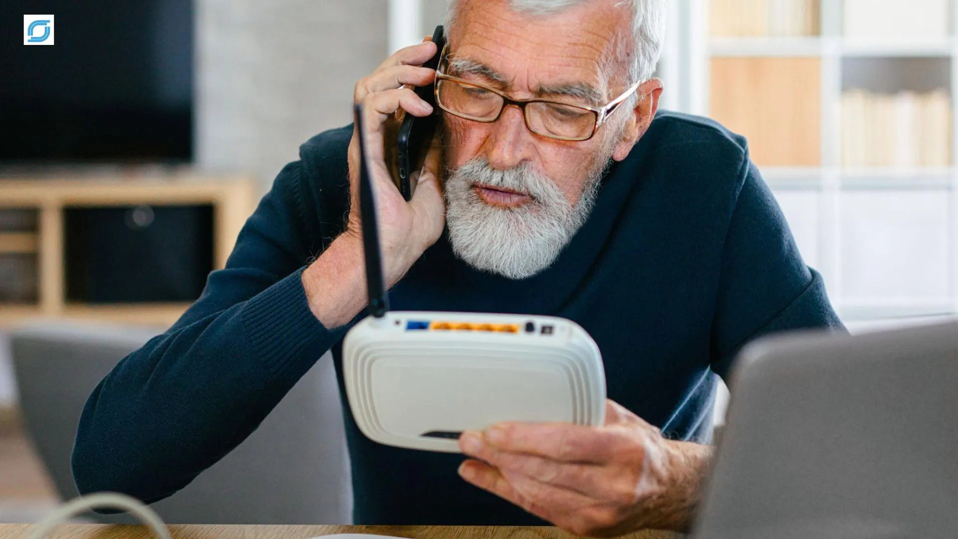 Broadband customer troubleshooting a home WiFi router while contacting customer support about an internet connectivity issue