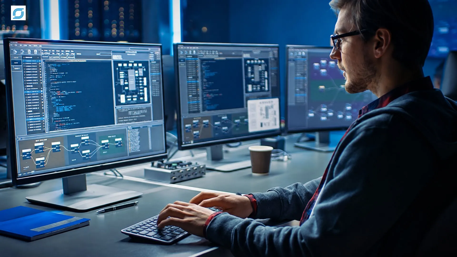 AI analyst reviewing labeled telecom fraud data, call records, SMS alerts, and fraud detection dashboards to improve AI model accuracy.