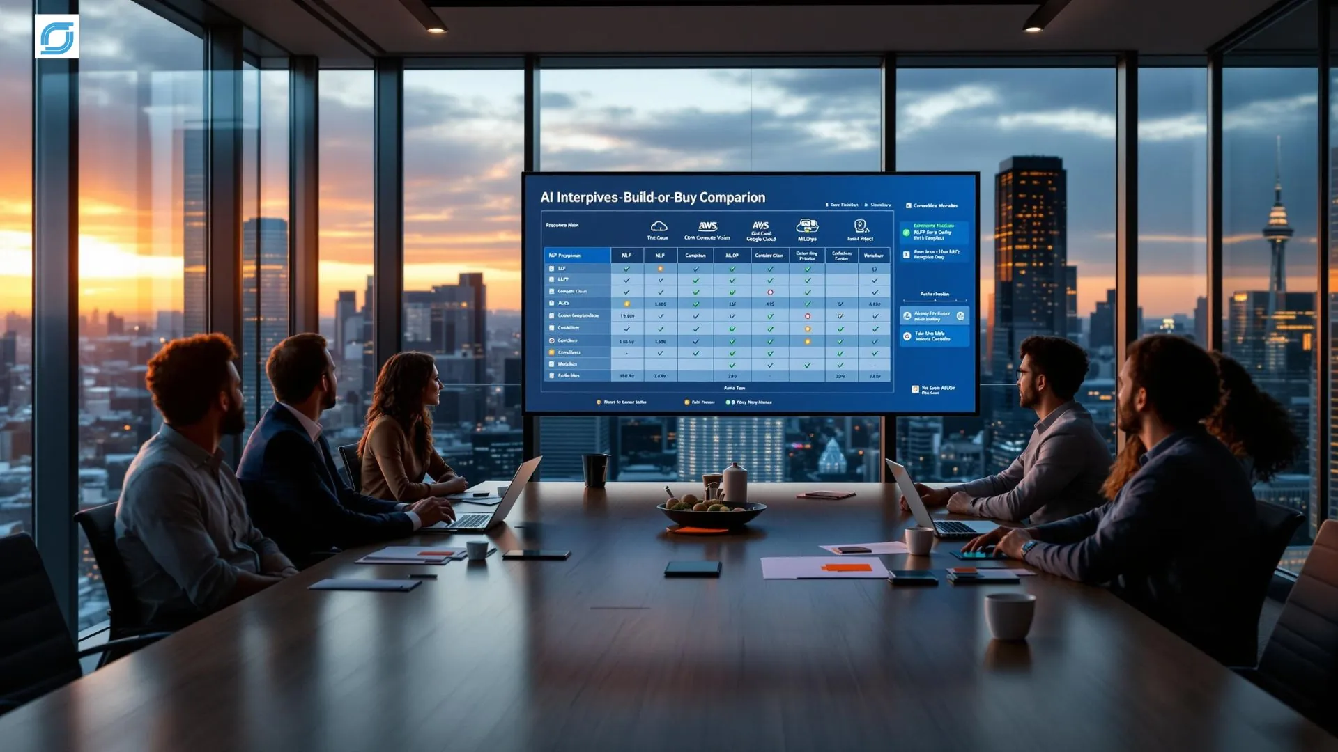 Telecom AI team evaluating data annotation partner proposals using a vendor comparison scorecard during an enterprise procurement meeting.