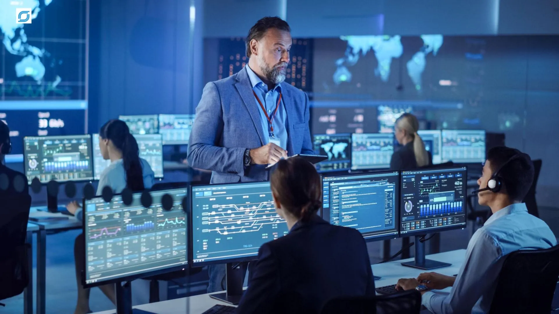 Telecom BPO delivery model USA showing a modern network operations center supporting onshore, nearshore, and offshore service delivery.