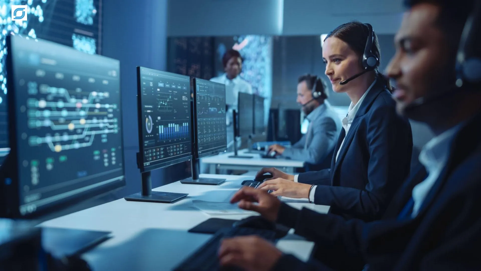 Telecom BPO provider team monitoring AI-powered customer support dashboards for efficient telecom operations