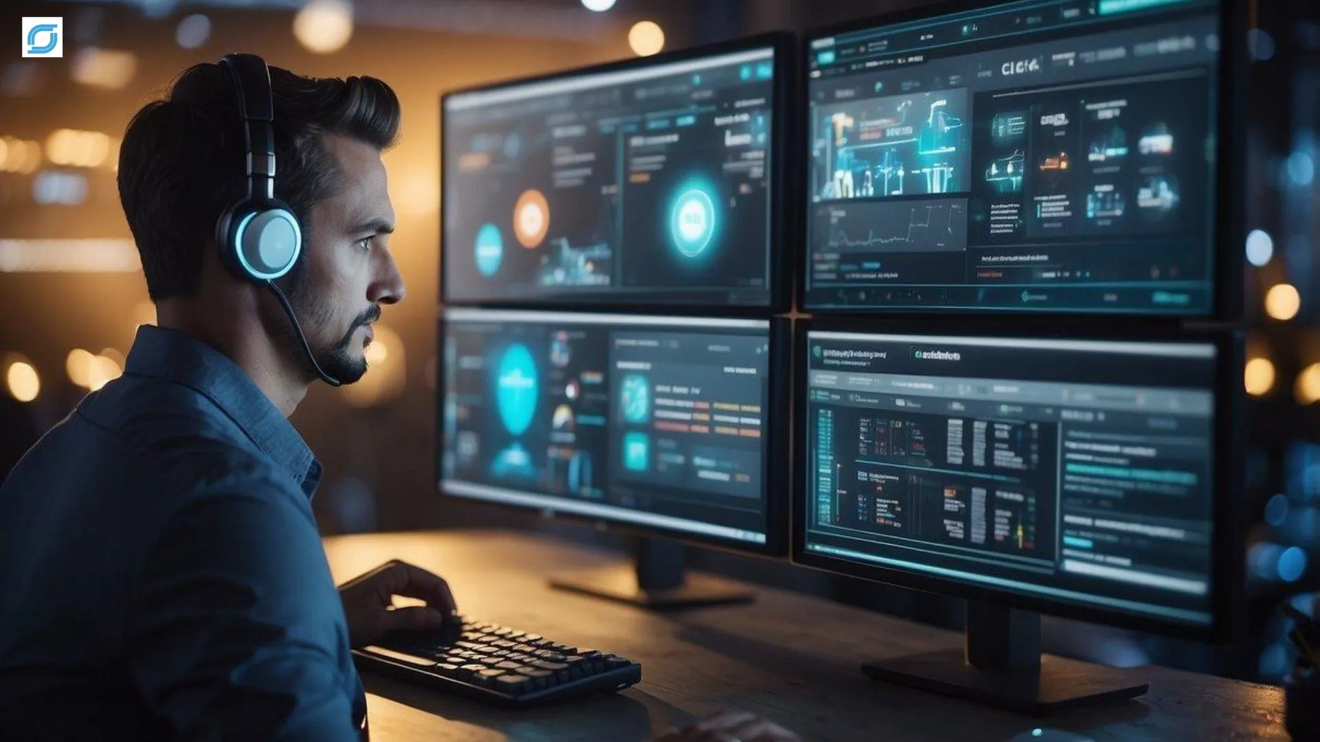 Telecom BPO services USA professional monitoring AI-powered customer support and network operations dashboards in a modern contact center