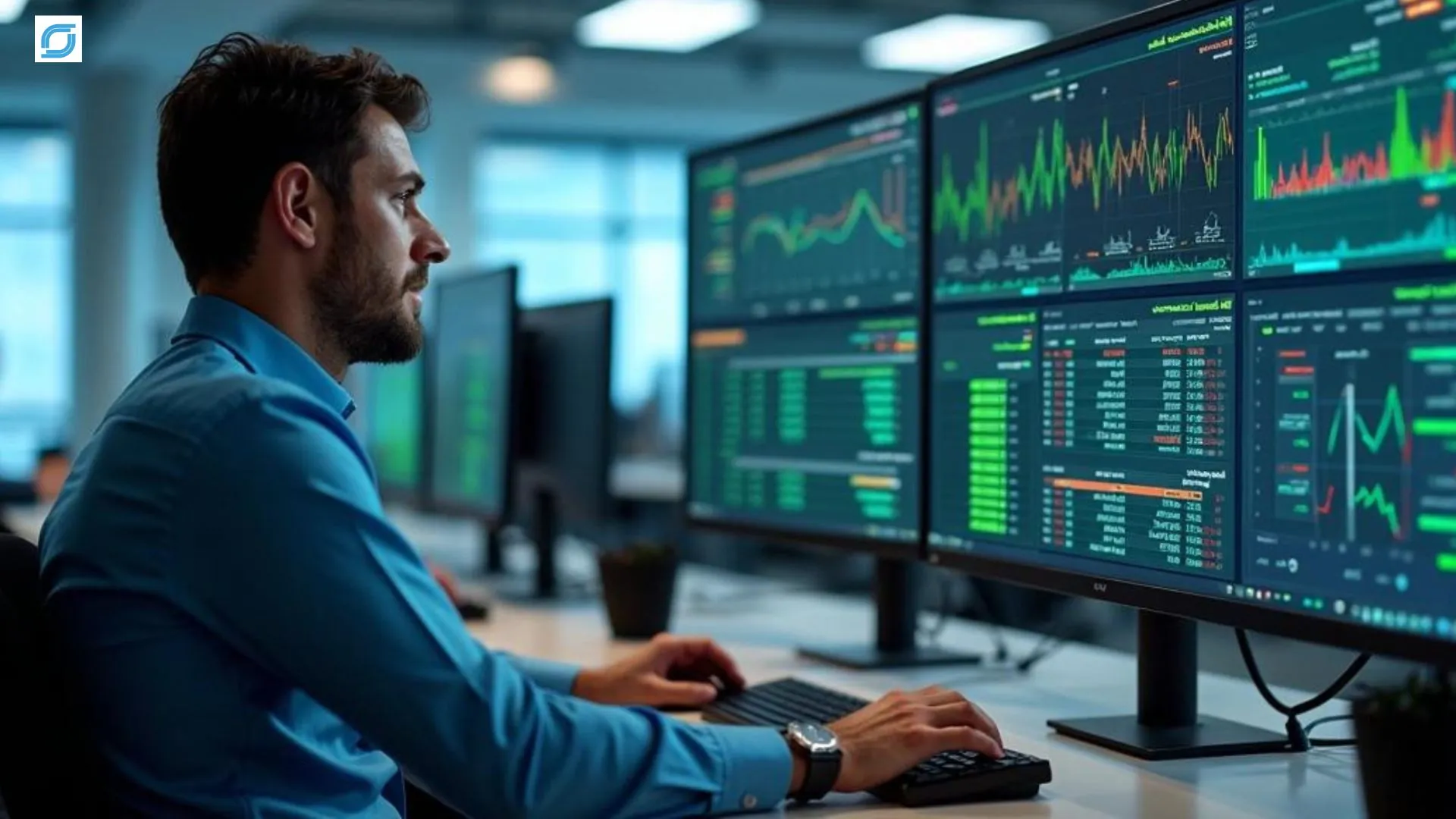 Telecom risk analyst monitoring AI dashboards to support fraud detection through outsourced data annotation.