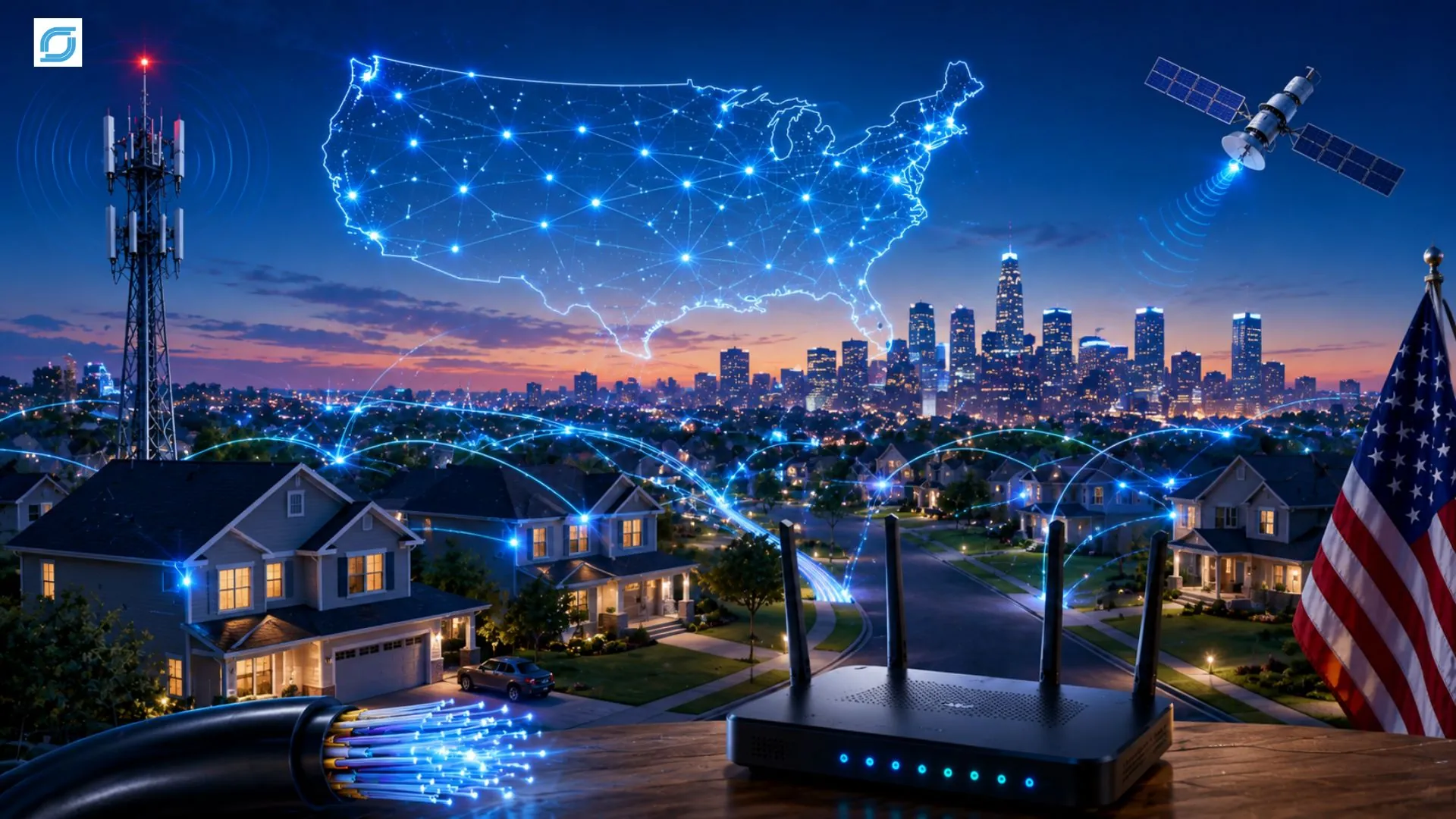 Modern home Wi-Fi router connected to a high-speed broadband fiber network with a smart city skyline in the background, representing broadband service providers in the USA.