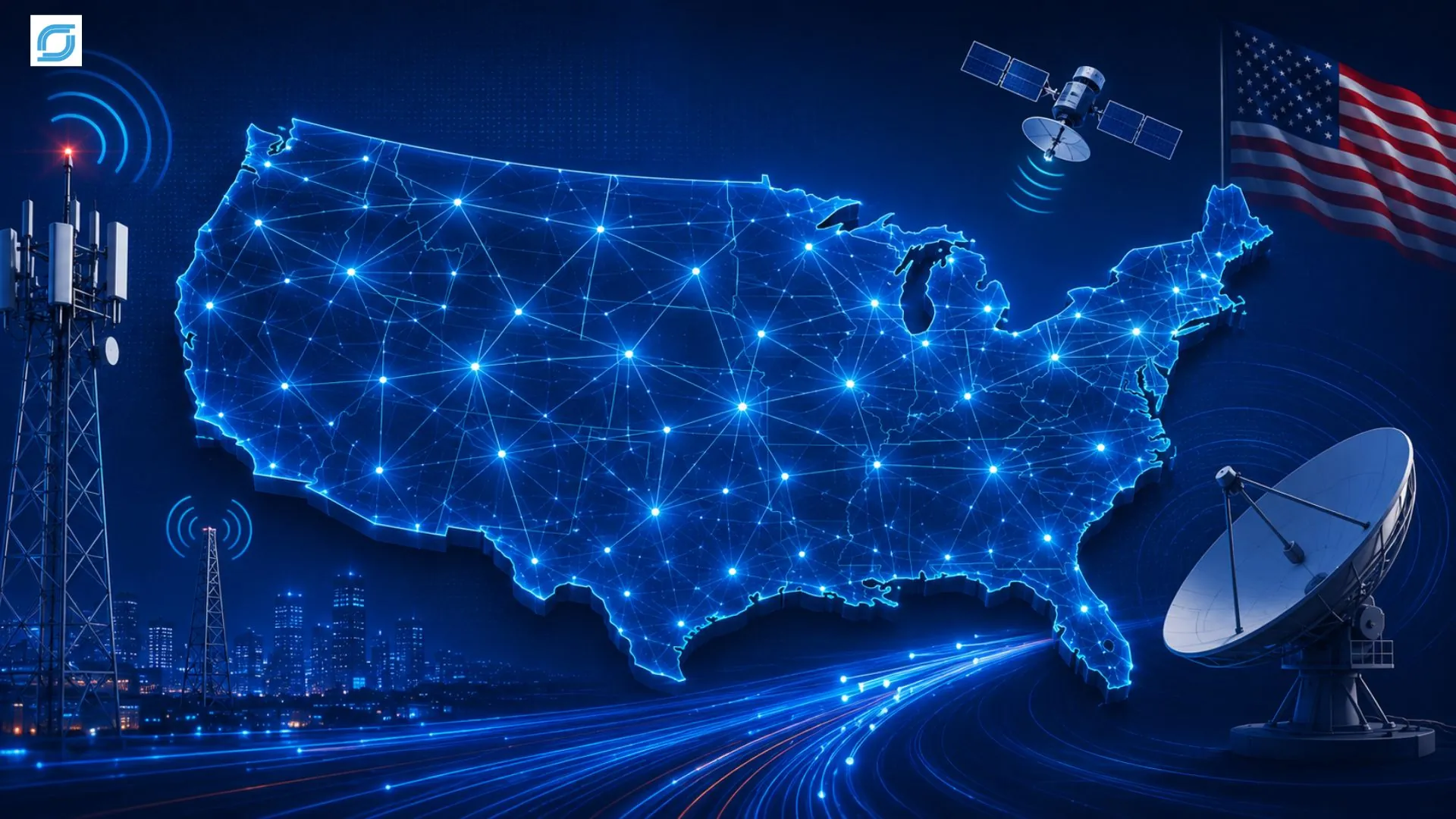 Digital illustration of the US telecommunications network with a connected USA map, 5G cell tower, communications satellite, satellite dish, wireless signals, and the US flag.