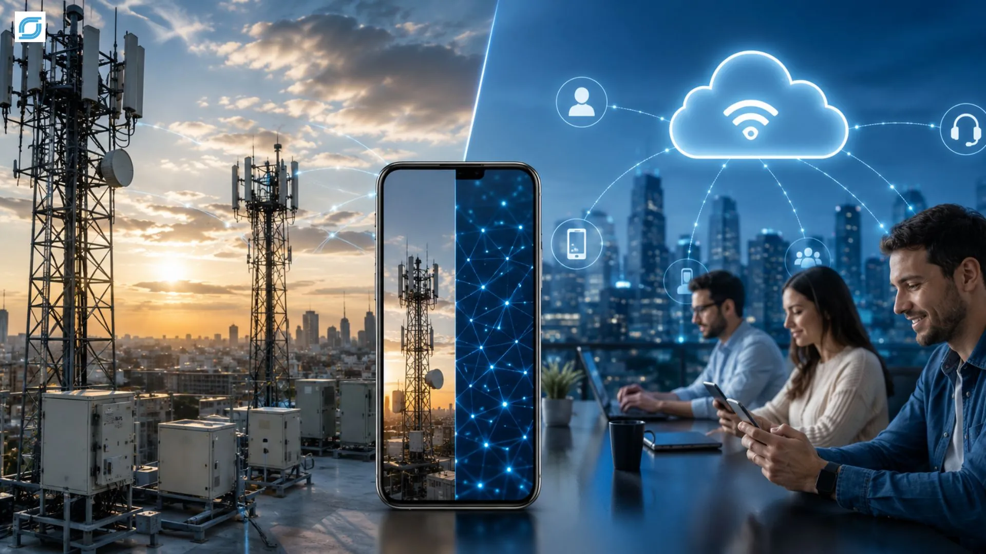MVNO vs MNO differences shown through telecom towers, cloud connectivity, and mobile users