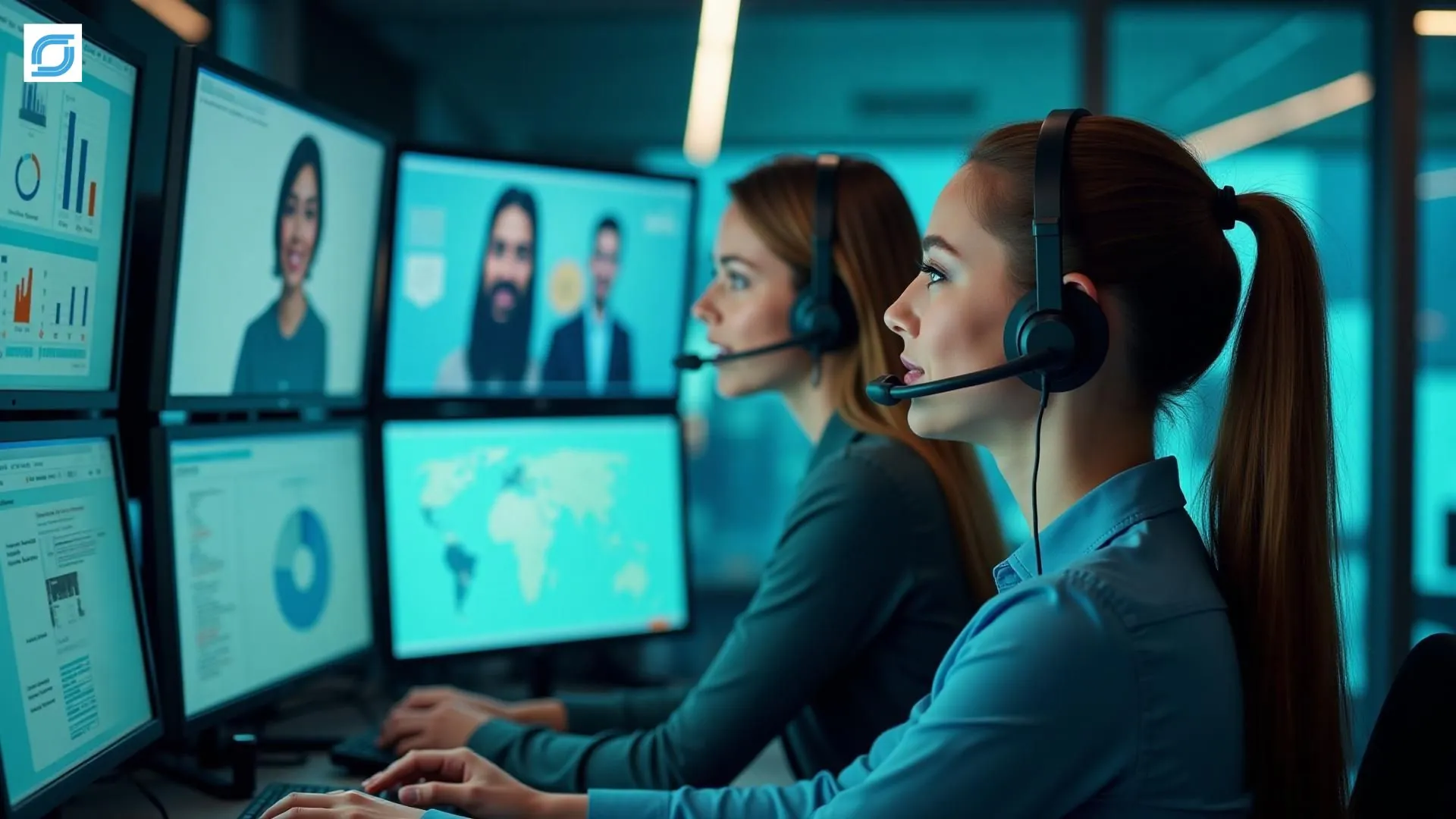 Telecom technical support agents monitoring customer service and KPI dashboards