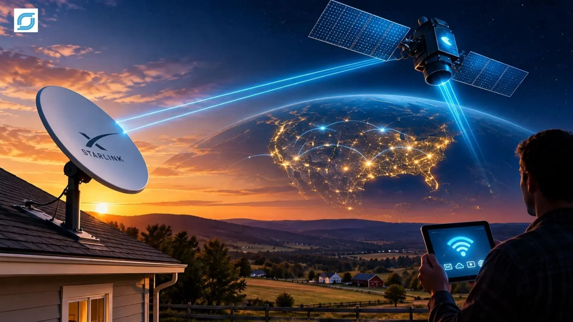 Satellite internet dish on a rural US home at sunset