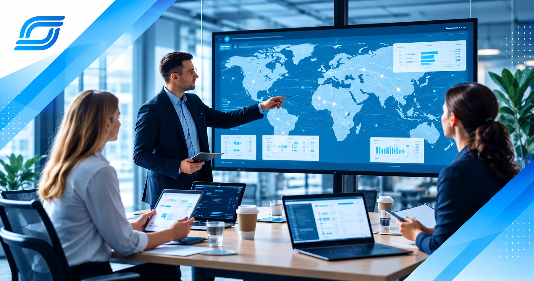 Telecom operations team reviewing a global delivery map and analytics dashboard in a strategy meeting.